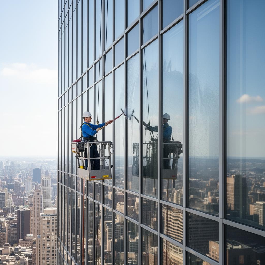 Window cleaners on a suspended platform washing the glass exterior of a tall office building