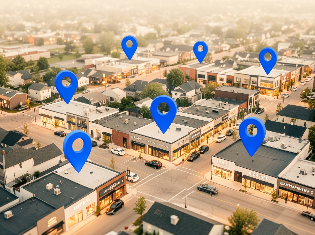 Aerial photograph of a town with glowing pins highlighting local marketing opportunities