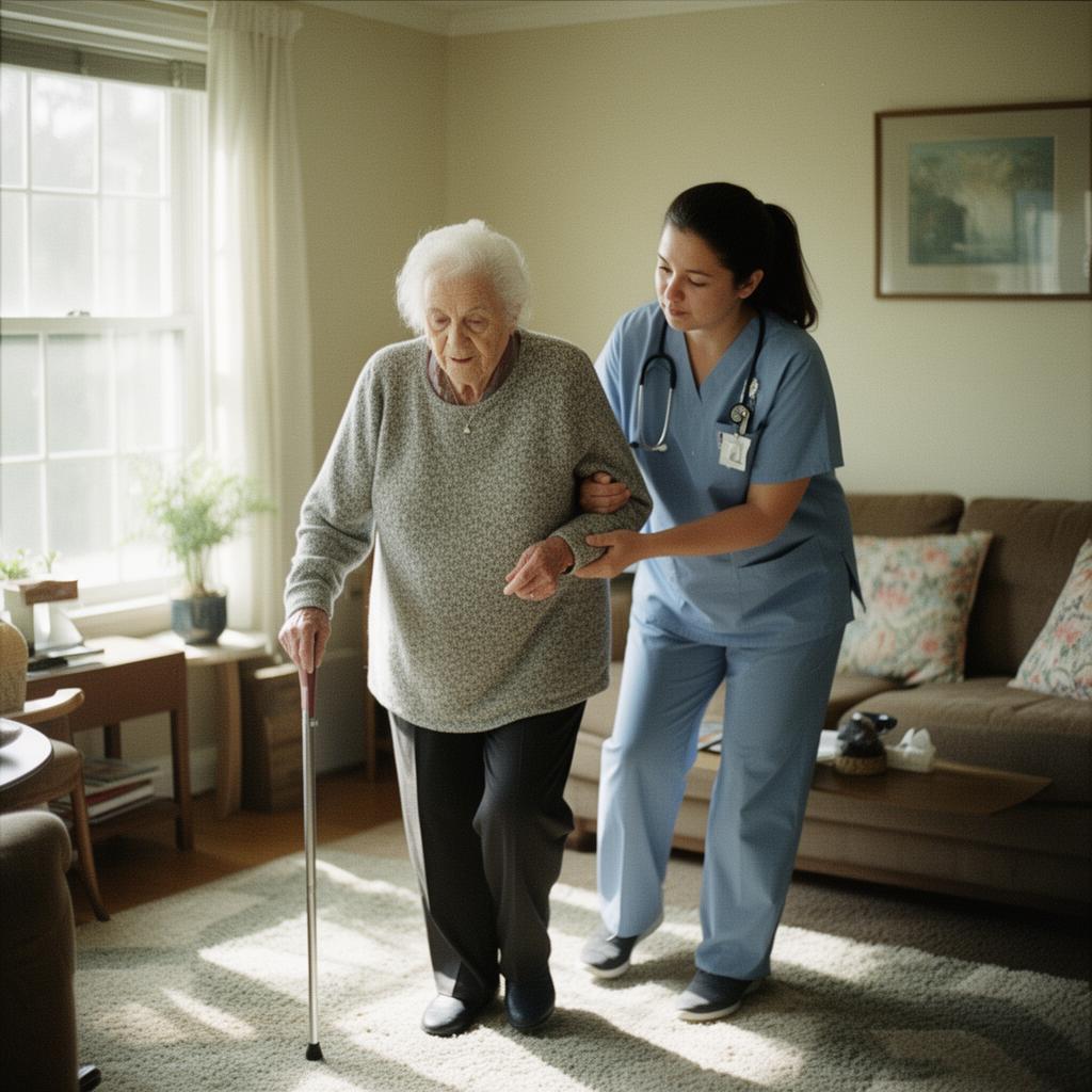 Caregiver gently supporting a smiling senior at home